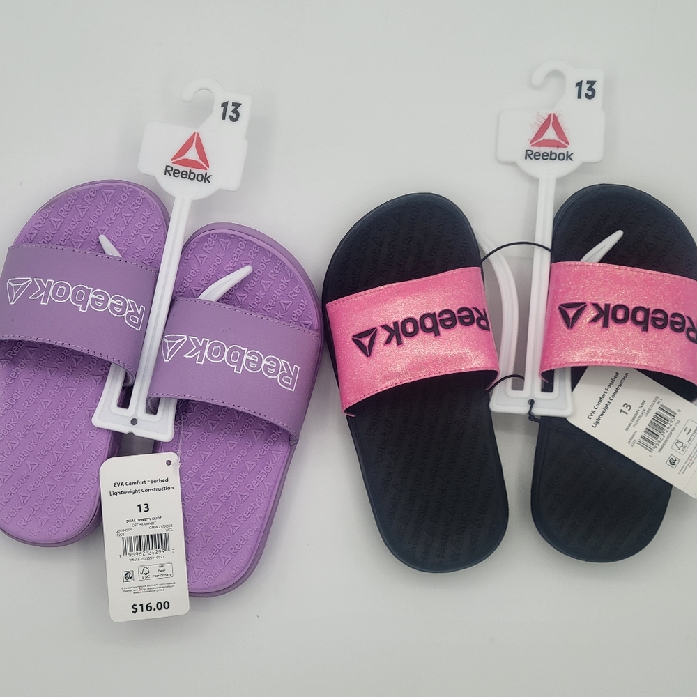 Reebok Girls slip-on pink purple slippers.